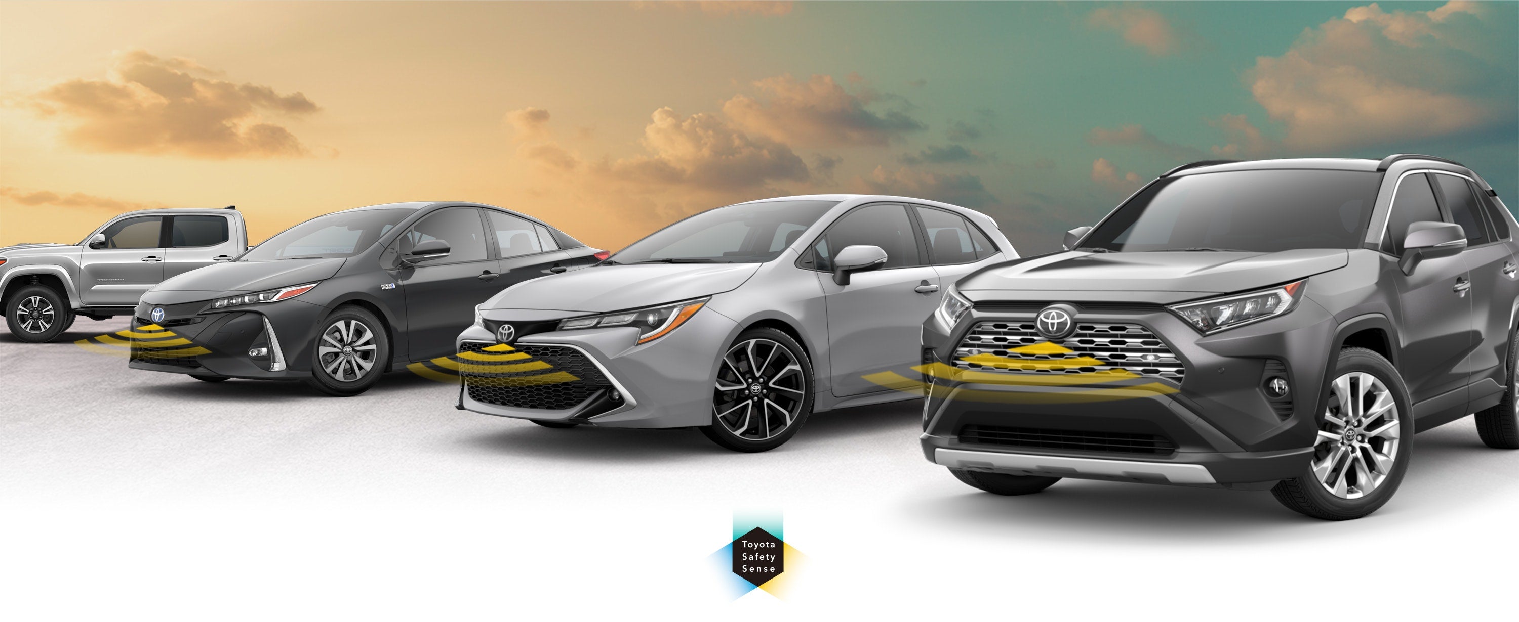 Toyota Safety Sense: Designed for Safety. Options shown on Toyota models including RAV4, Tacoma, and Camry, available now at Mike Calvert Toyota in Houston TX.